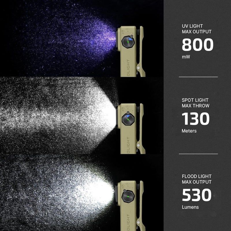 OLIGHT Oclip Ultra EDC Flashlight Clip-on Light, 530 Lumens Rechargeable with Type-C Charging, Combines Floodlight, Spotlight and UV, Triple Magnetic Lights for Inspection and Work (Olive Green) - Image 3